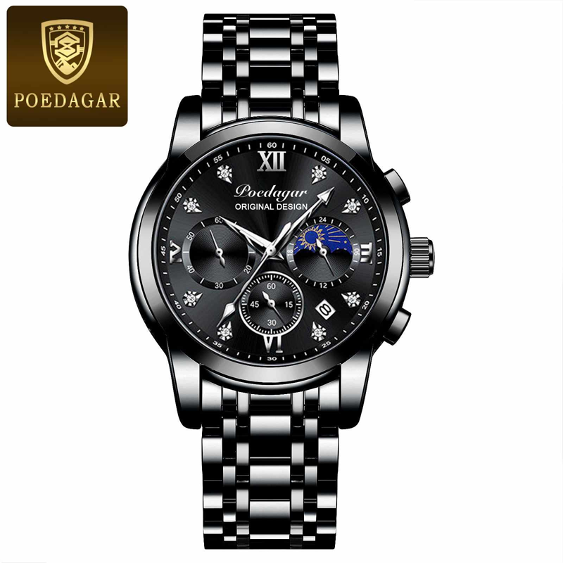 Poedagar PO819 Steel Male Luminous Date Quartz Wristwatch (Black)